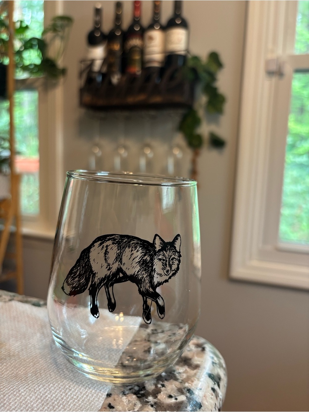 Fox Graphic Stemless Wine Glass - Clear Glass with Black Fox
